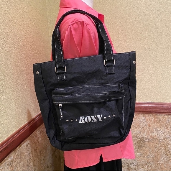 ROXY Nylon Handbag Black Military Stars Glitter Logo Adjustable Side Snaps Purse - Picture 5 of 10